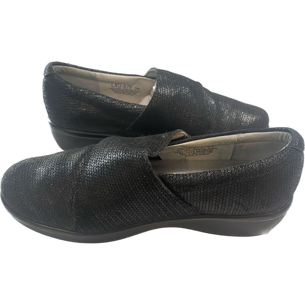 ALEGRIA LAURYN SPARKLE METALLIC Black LEATHER LOAFERS SHOES WOMENS SZ 6.5 EU 36